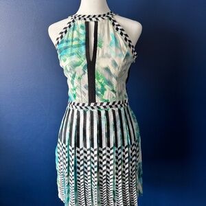 Parker Pleated Dress – XS, Geometric Stripe & Watercolor Print